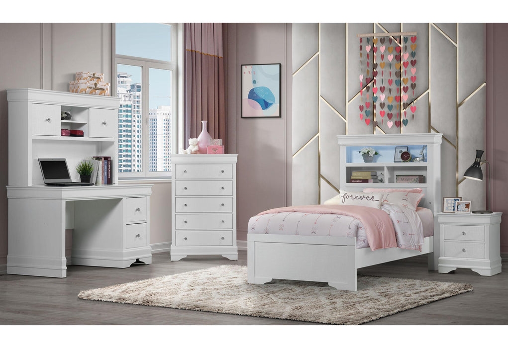 POMPEI METALLIC WHITE BOOKCASE TWIN BED WITH DESK AND HUTCH, NIGHTSTAND AND CHEST image